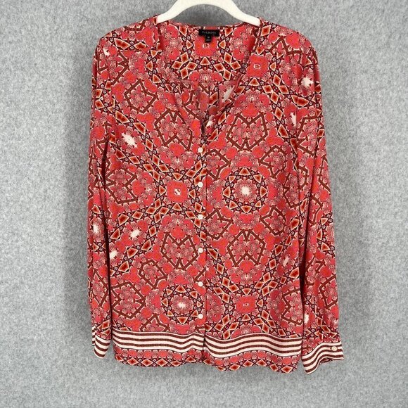 Talbots Long Sleeve Chiffon Blouse Top Size M Pink White Geometric Boho Barbie - Picture 1 of 11
